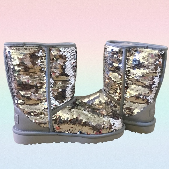 NEW UGG Classic Short Sequin Silver Pink Combe Boot - Picture 14 of 15